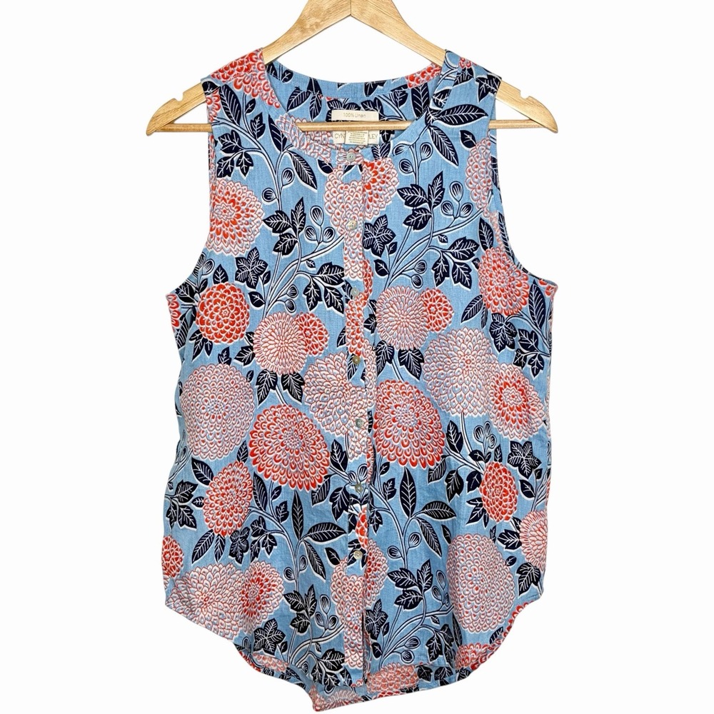 Cynthia Rowley Linen Dahlia Floral Print Sleeveless Top Womens Size M Coastal